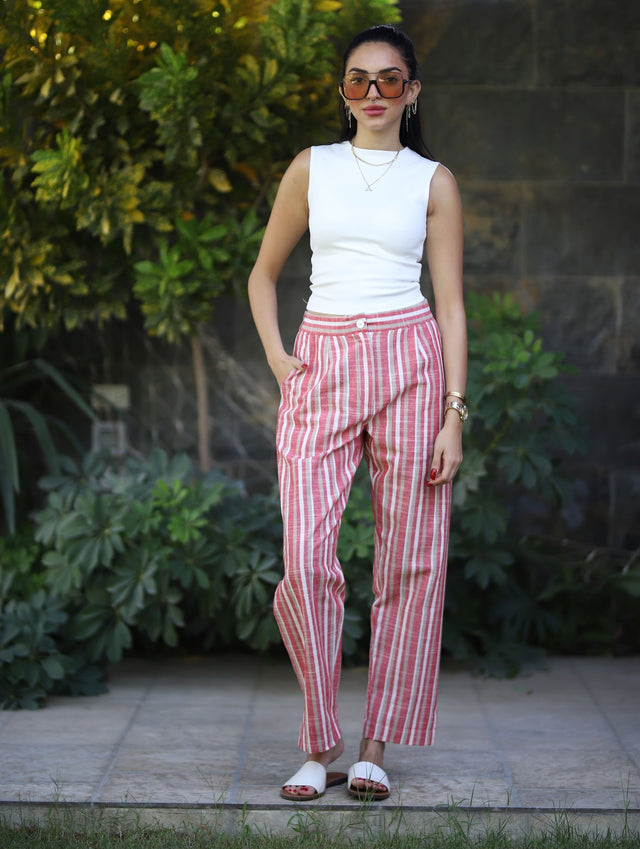 Stripped Linen Pants- Red - Trousers - Mizyana