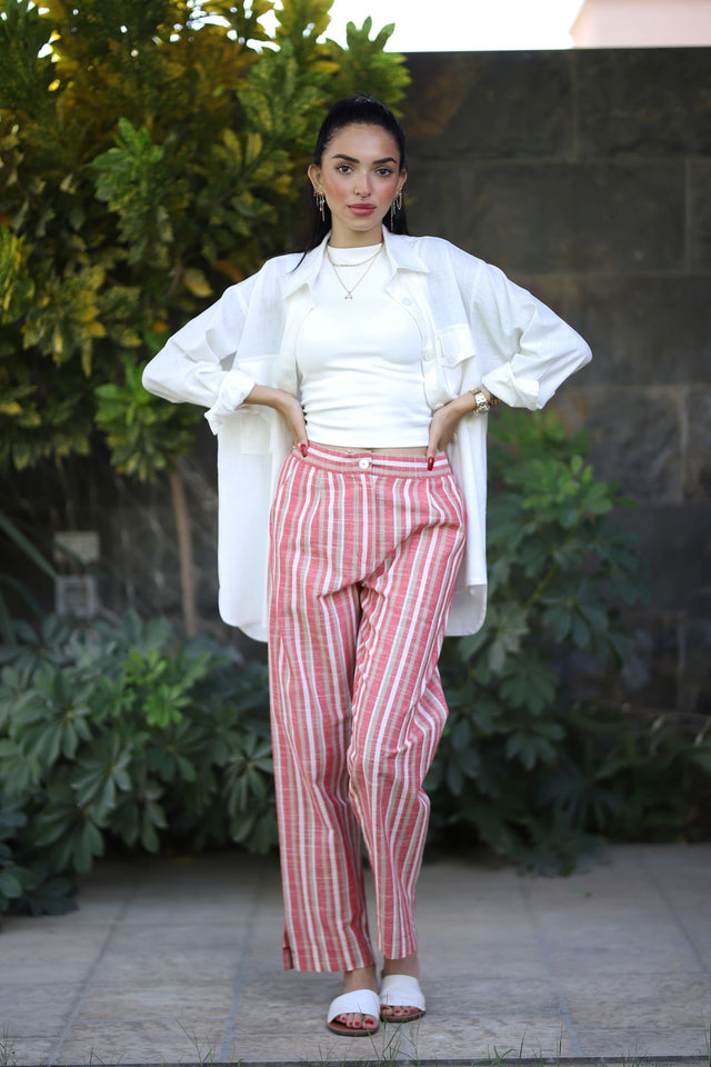 Stripped Linen Pants- Red - Trousers - Mizyana