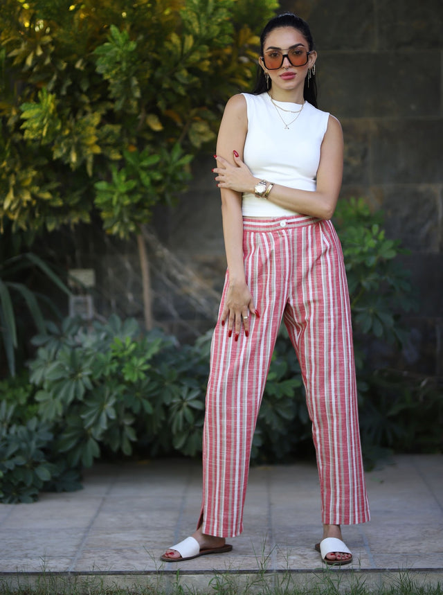 Stripped Linen Pants- Red - Trousers - Mizyana