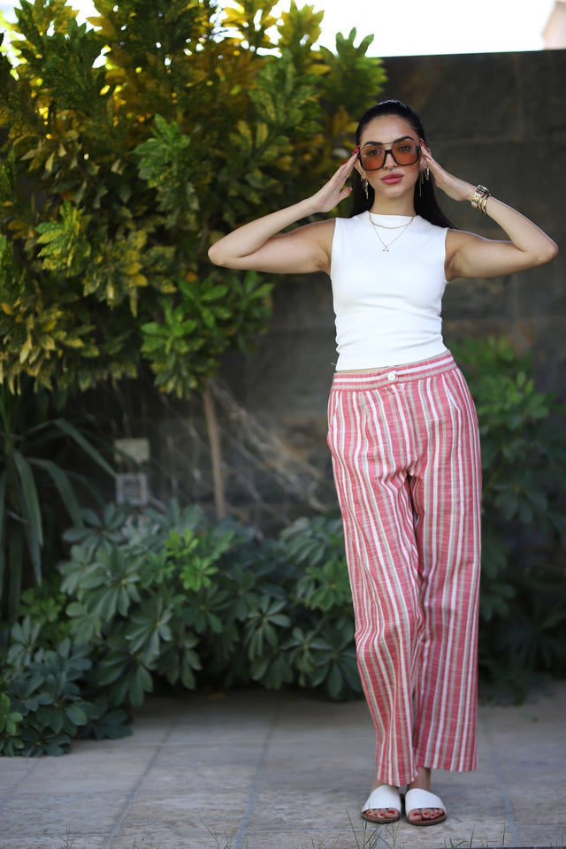 Stripped Linen Pants- Red - Trousers - Mizyana