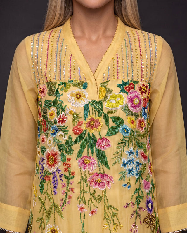 Sunray Floral Beaded Cotton Kurta - Tunic - Mizyana