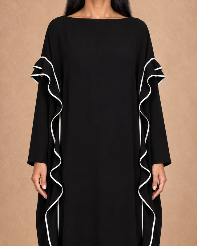 Tabe Black Ruffle Piped Viscose Oversize Dress - Dress - Mizyana
