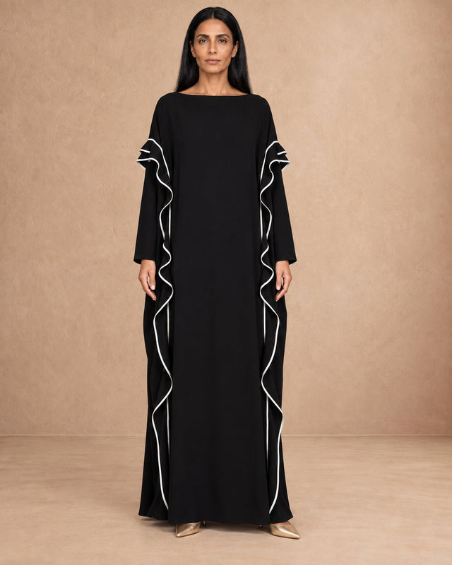 Tabe Black Ruffle Piped Viscose Oversize Dress - Dress - Mizyana