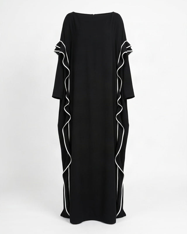 Tabe Black Ruffle Piped Viscose Oversize Dress - Dress - Mizyana