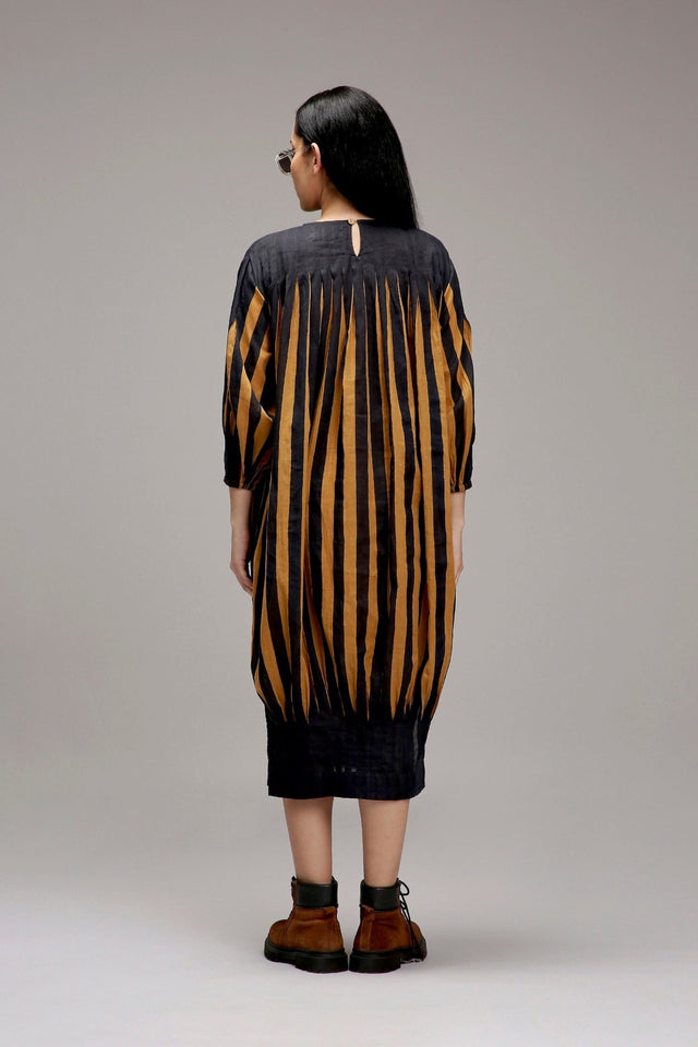 Tan-Brown Blue Striped Balloon Dress - Dress - Mizyana