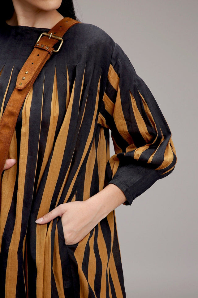 Tan-Brown Blue Striped Balloon Dress - Dress - Mizyana