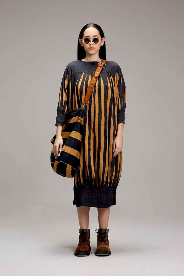 Tan-Brown Blue Striped Balloon Dress - Dress - Mizyana