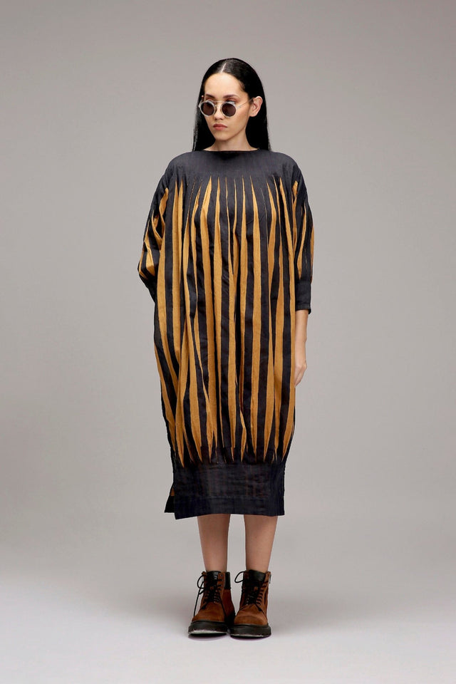 Tan-Brown Blue Striped Balloon Dress - Dress - Mizyana