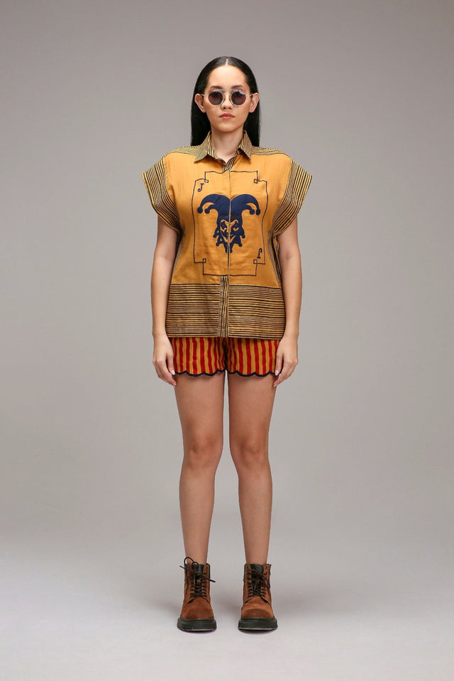 Tan-Brown Blue Striped Blue Joker Shirt - Shirt - Mizyana
