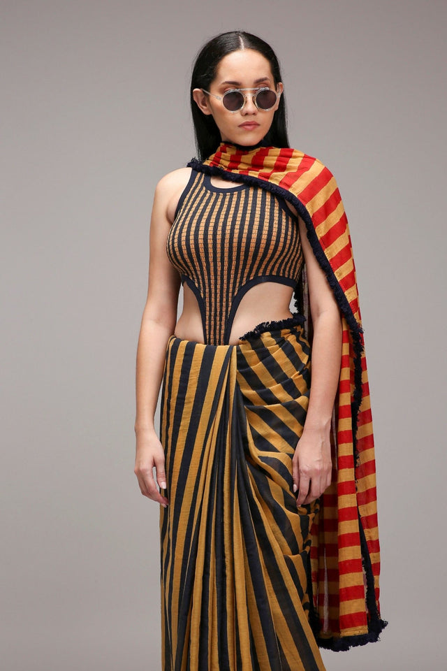 Tan-Brown Blue Striped Bodysuit - Bodysuit - Mizyana