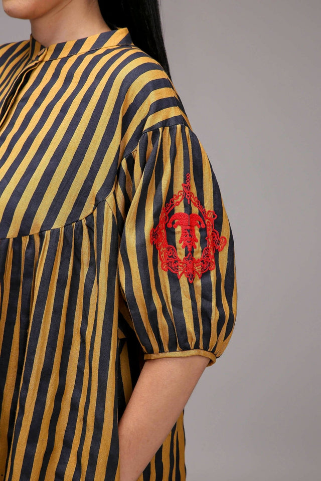 Tan-Brown Blue Striped Short Acra Tunic - Shirt - Mizyana
