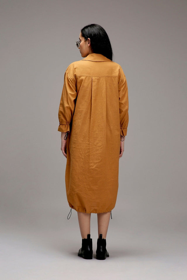 Tan-Brown Elasticated Shirt Dress - Dress - Mizyana
