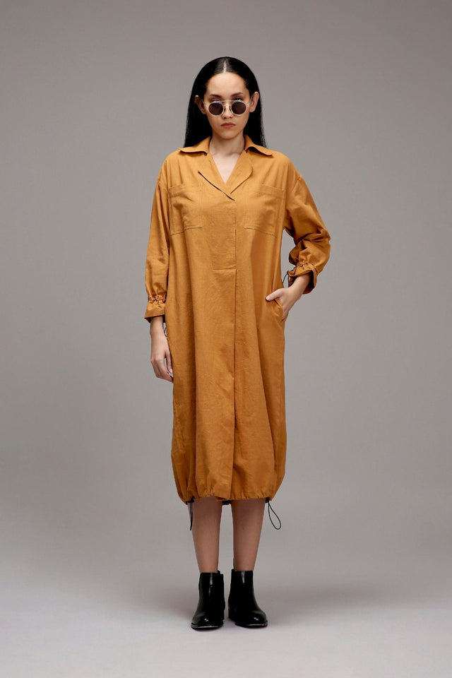 Tan-Brown Elasticated Shirt Dress - Dress - Mizyana
