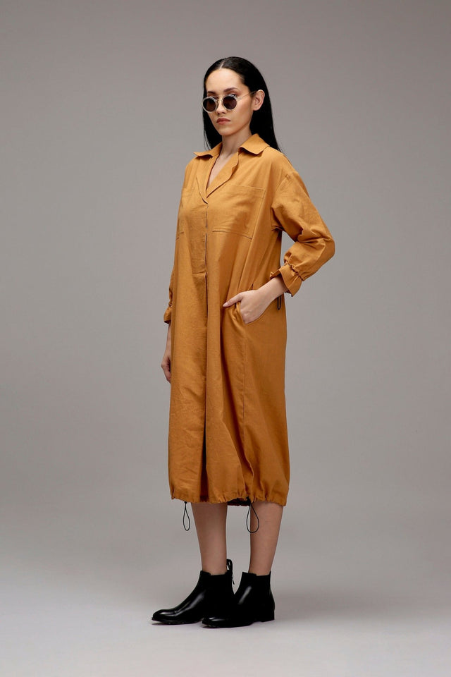 Tan-Brown Elasticated Shirt Dress - Dress - Mizyana