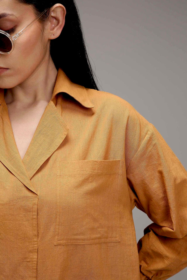 Tan-Brown Elasticated Shirt Dress - Dress - Mizyana