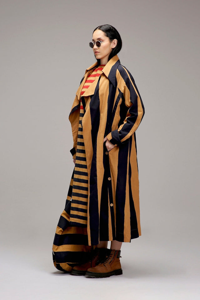 Tan-Brown Red & Blue Dual Stripe Dress Jacket Set (2 PCS) - Dress - Mizyana