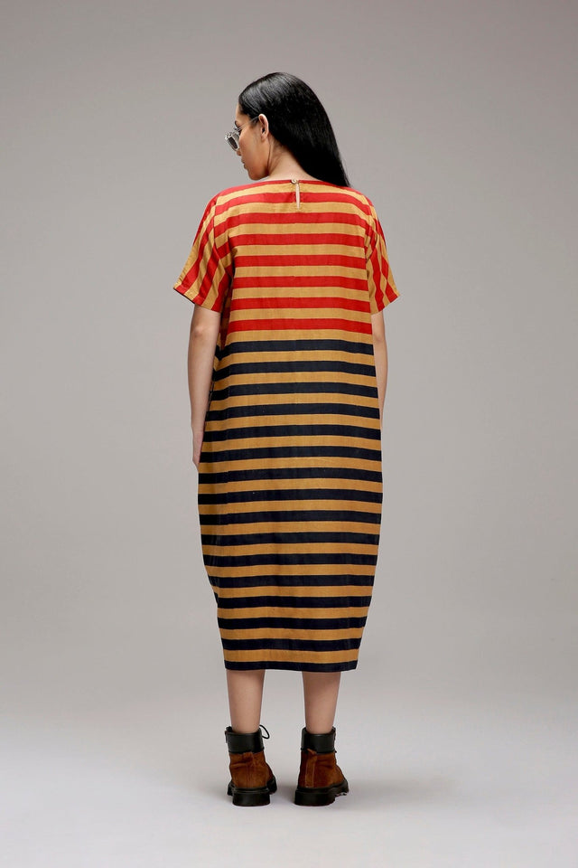 Tan-Brown Red & Blue Dual Striped Dress - Dress - Mizyana