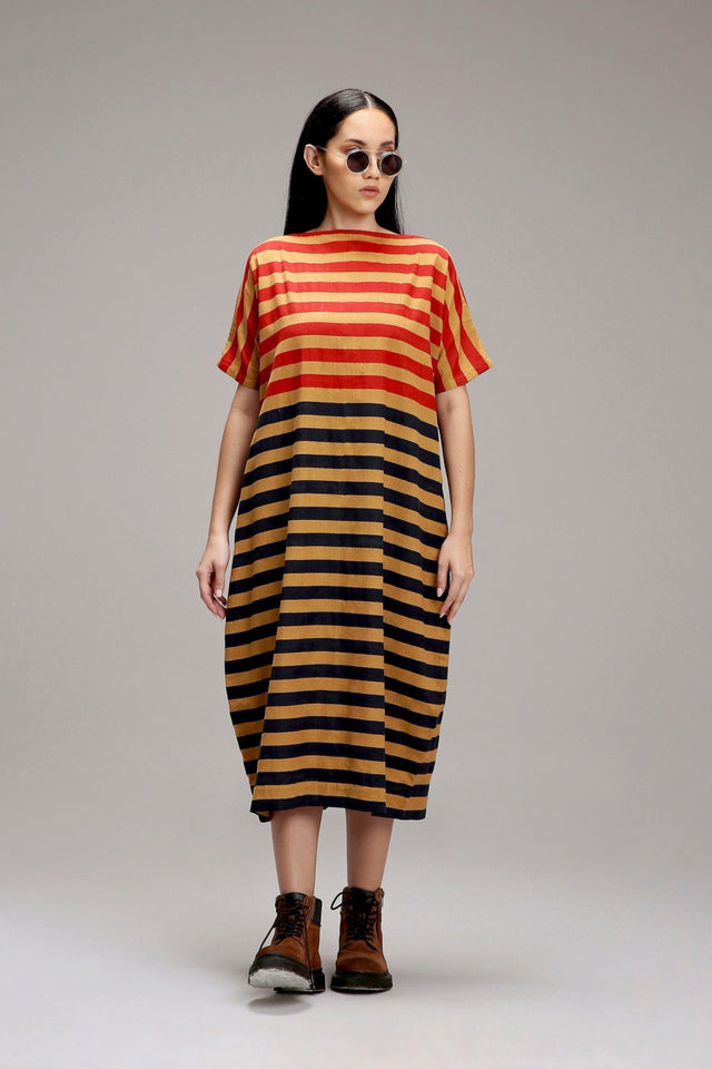 Tan-Brown Red & Blue Dual Striped Dress - Dress - Mizyana