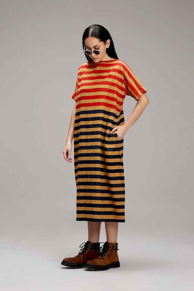 Tan-Brown Red & Blue Dual Striped Dress - Dress - Mizyana
