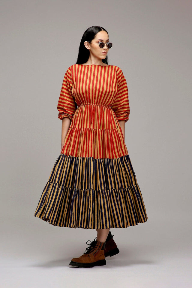 Tan-Brown Red & Blue Striped Tiered Dress - Dress - Mizyana