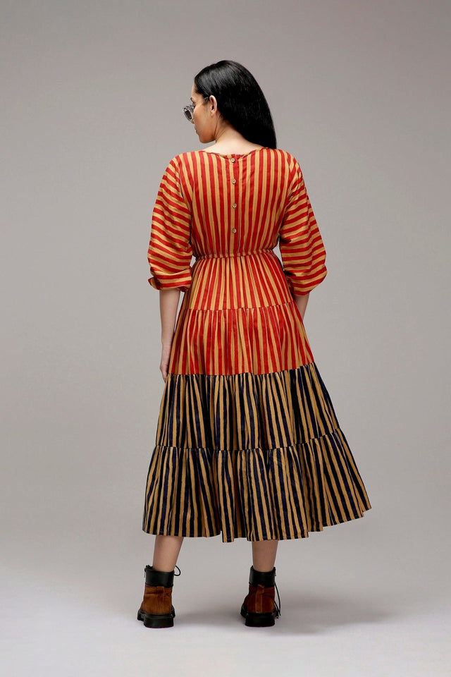 Tan-Brown Red & Blue Striped Tiered Dress - Dress - Mizyana