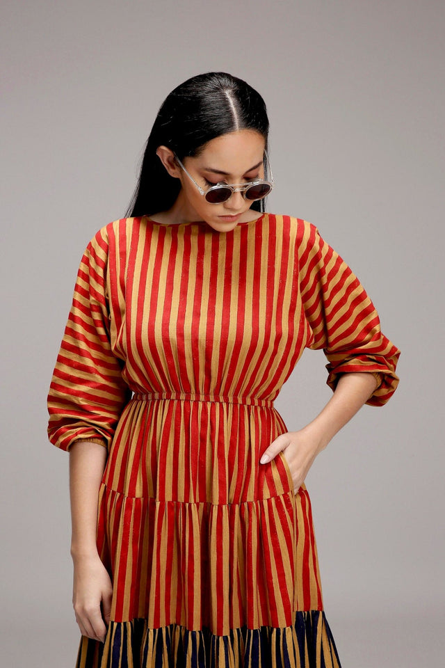 Tan-Brown Red & Blue Striped Tiered Dress - Dress - Mizyana