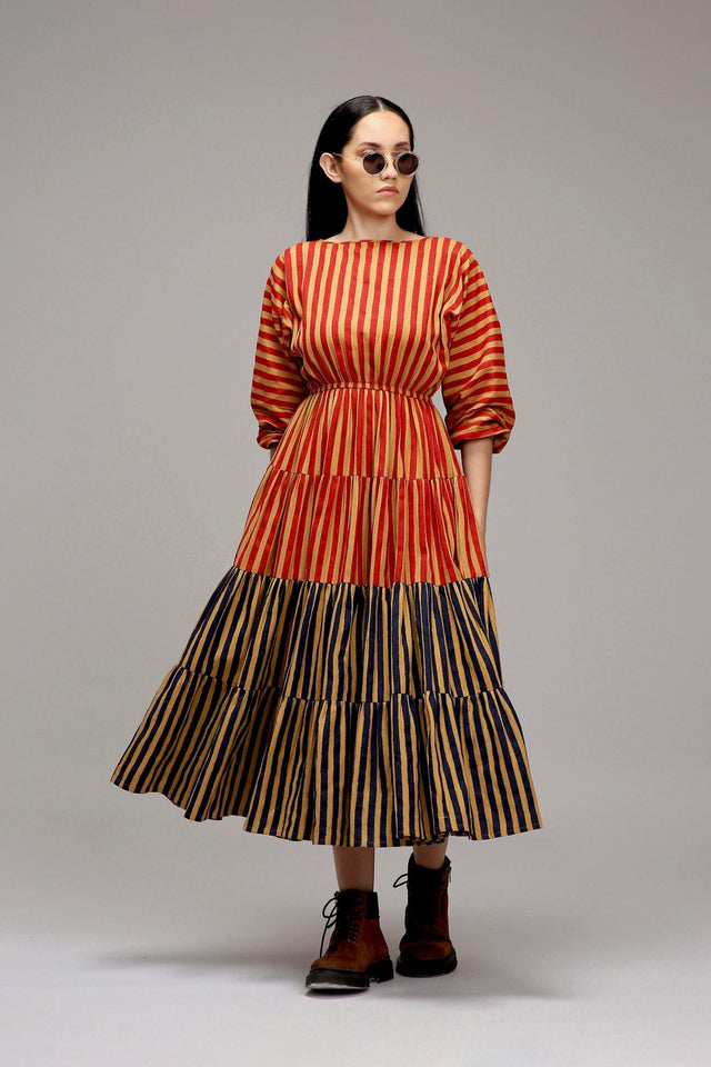Tan-Brown Red & Blue Striped Tiered Dress - Dress - Mizyana