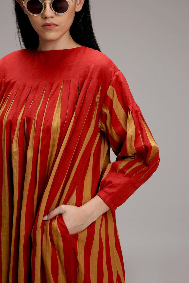 Tan-Brown Red Striped Balloon Dress - Dress - Mizyana