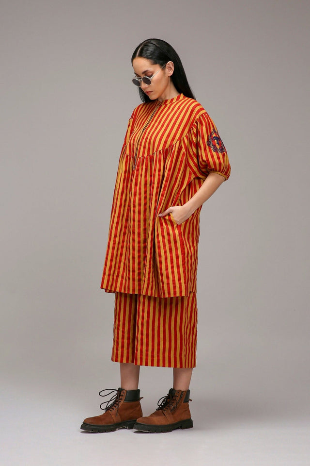 Tan-Brown Red Striped Capre Pants - Trousers - Mizyana