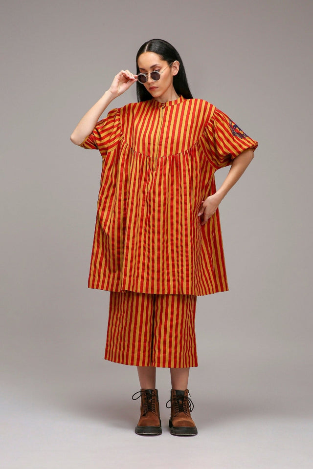 Tan-Brown Red Striped Capre Pants - Trousers - Mizyana