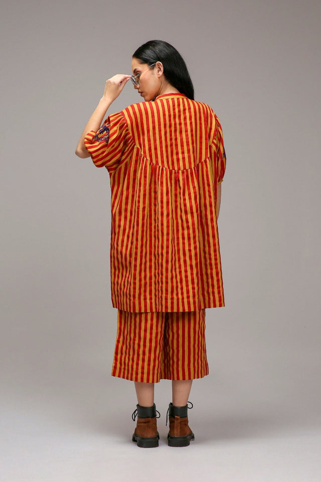 Tan-Brown Red Striped Capre Pants - Trousers - Mizyana