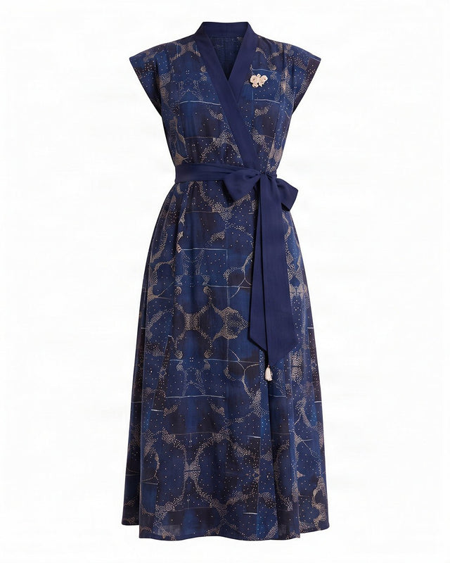 Tarni Midnight Shoreline Print Linen Wrap Midi Dress with Tie Belt - Dress - Mizyana
