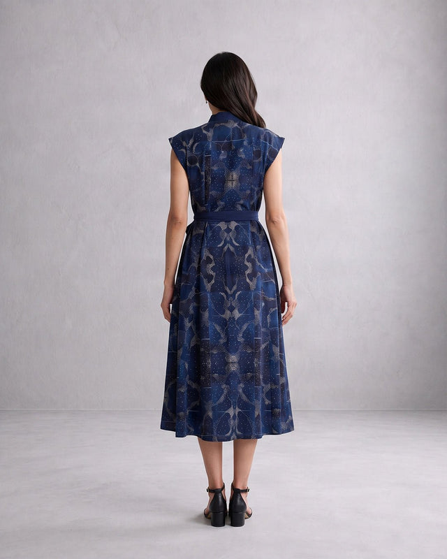 Tarni Midnight Shoreline Print Linen Wrap Midi Dress with Tie Belt - Dress - Mizyana
