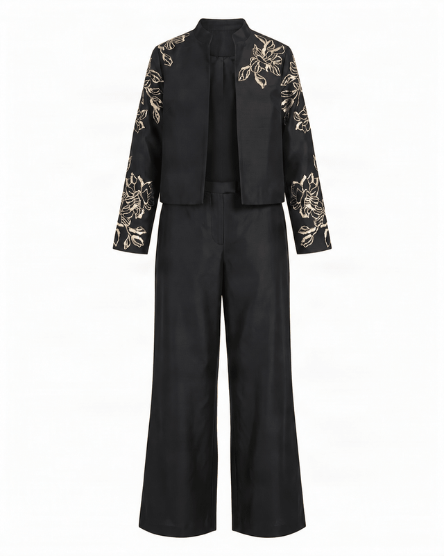 Teresa Black Floral Sequin Chanderi Silk Jacket and Pant Two-Piece Set - Two-Piece Set - Mizyana