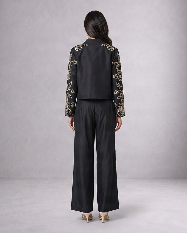 Teresa Black Floral Sequin Chanderi Silk Jacket and Pant Two-Piece Set - Two-Piece Set - Mizyana