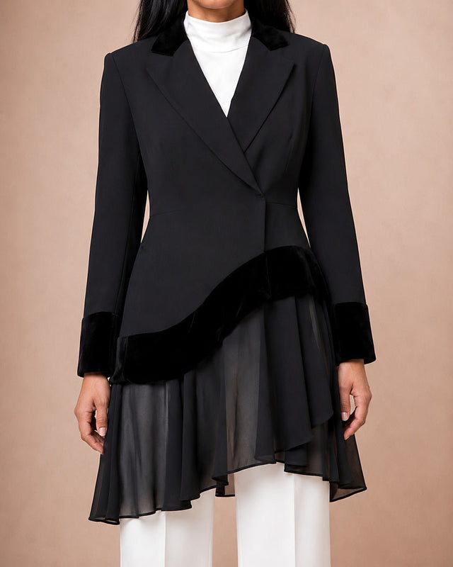 Velvet Trimmed Asymmetric Chiffon Jacket - Jacket - Mizyana