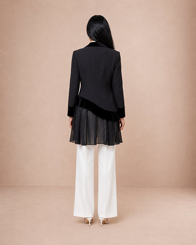 Velvet Trimmed Asymmetric Chiffon Jacket - Jacket - Mizyana