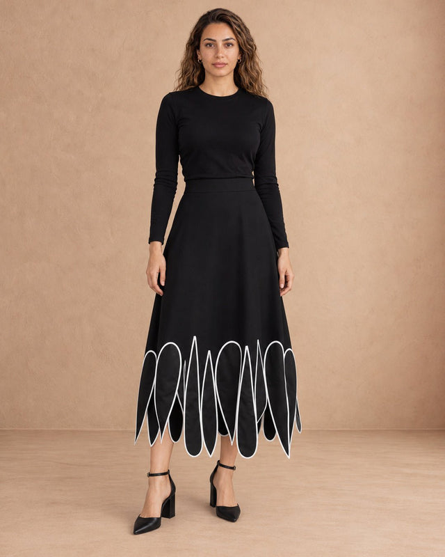 Vil Black Petal Hem Viscose Midi Skirt - Skirt - Mizyana