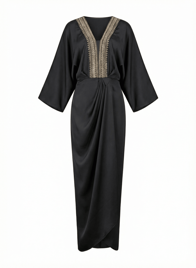 Zarafah Black Pleated Batwing Kaftan with Embellished V Neck - Kaftan - Mizyana