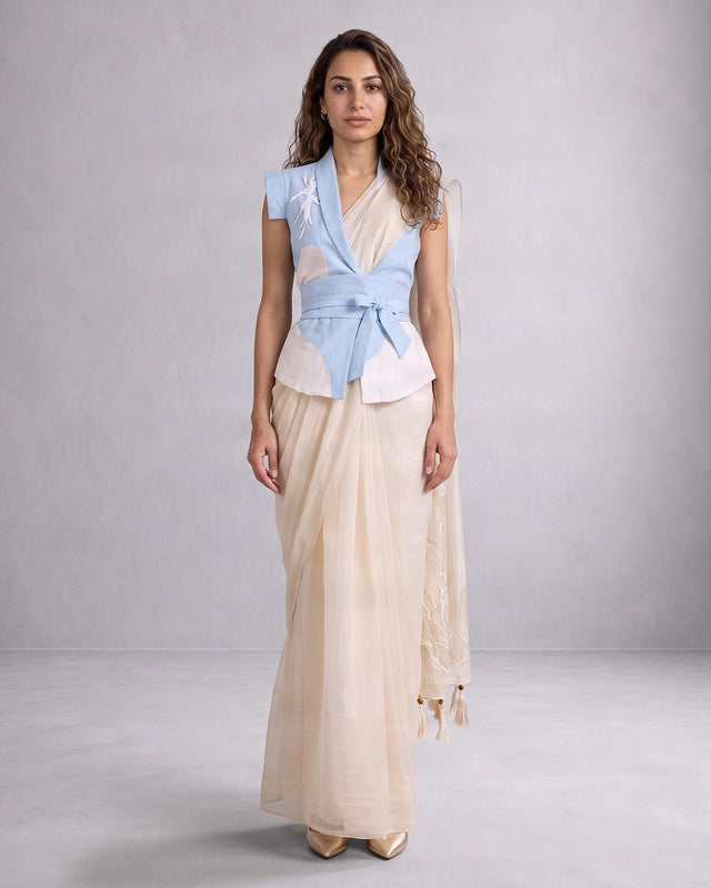 Zarya Wrapped Vest and Embroidered Chanderi Silk Saree Three-Piece Set - Three-Piece Set - Mizyana