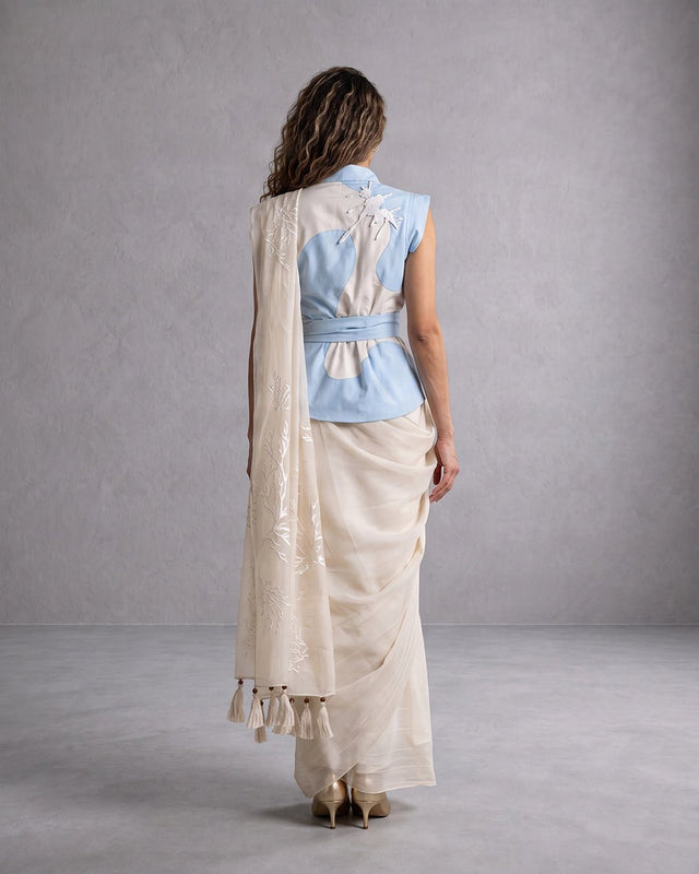 Zarya Wrapped Vest and Embroidered Chanderi Silk Saree Three-Piece Set - Three-Piece Set - Mizyana