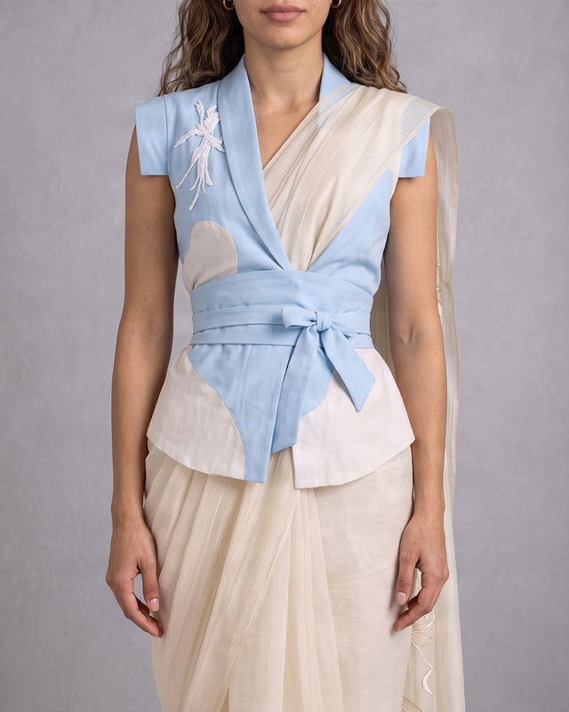 Zarya Wrapped Vest and Embroidered Chanderi Silk Saree Three-Piece Set - Three-Piece Set - Mizyana