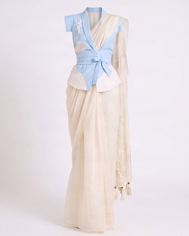 Zarya Wrapped Vest and Embroidered Chanderi Silk Saree Three-Piece Set - Three-Piece Set - Mizyana