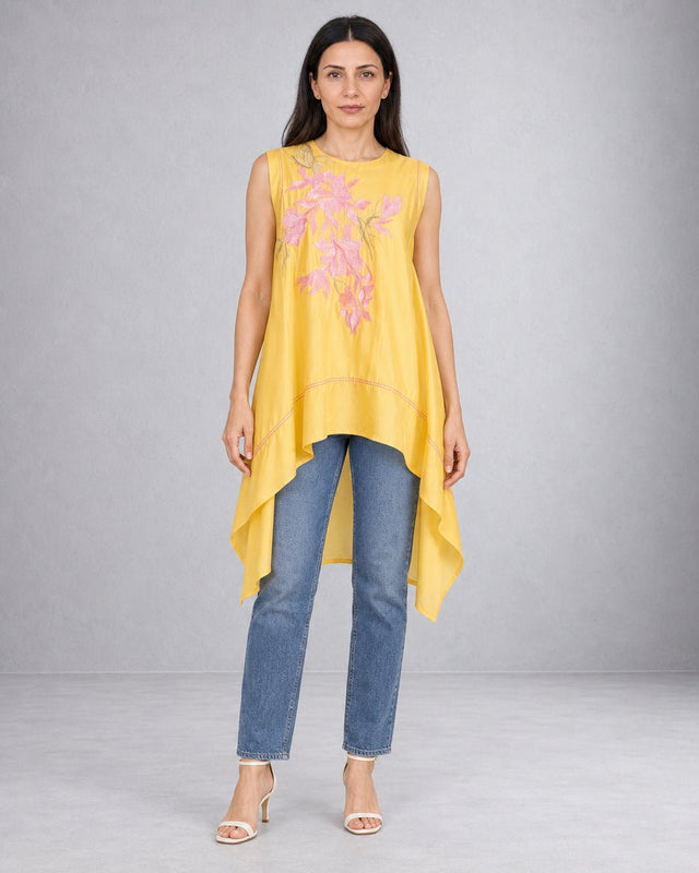 Zuma Butter Yellow Floral Embroidered Linen Satin Tunic with Trail Hem - Tunic - Mizyana