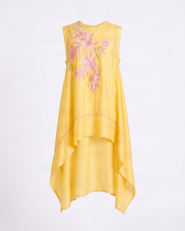 Zuma Butter Yellow Floral Embroidered Linen Satin Tunic with Trail Hem - Tunic - Mizyana
