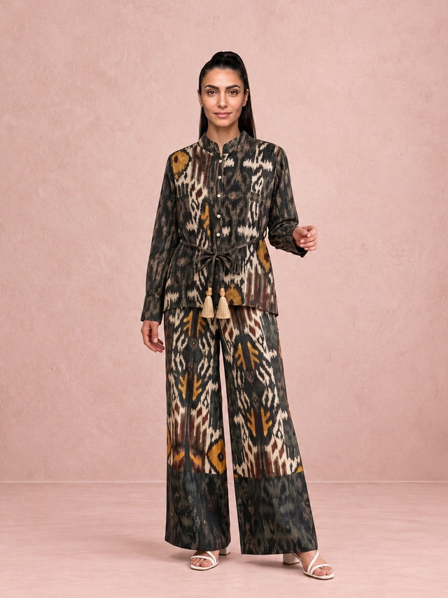 Soléa Olives Print Linen Blouse and Palazzo Pants Two-Piece Set