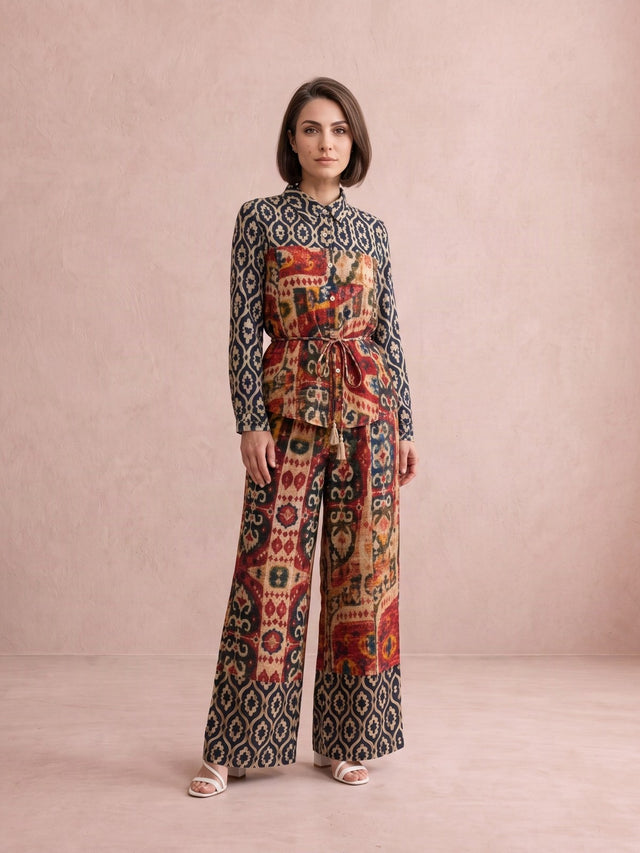 Sultana Ikat Paisley Satin Blouse and Trousers Two-Piece Set