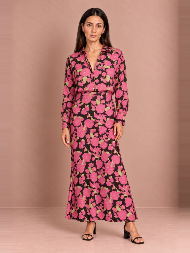 Pink and Black Floral Satin Shirt and Maxi Skirt Two-Piece Set