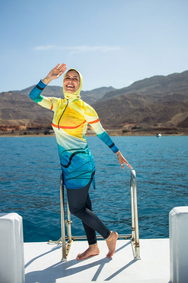 Sunburst Waves Yellow Blue Wave Print Hooded Swim Set