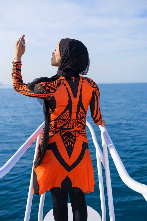 Sunny Coral Orange Black Tribal Print Long Sleeve Swimsuit